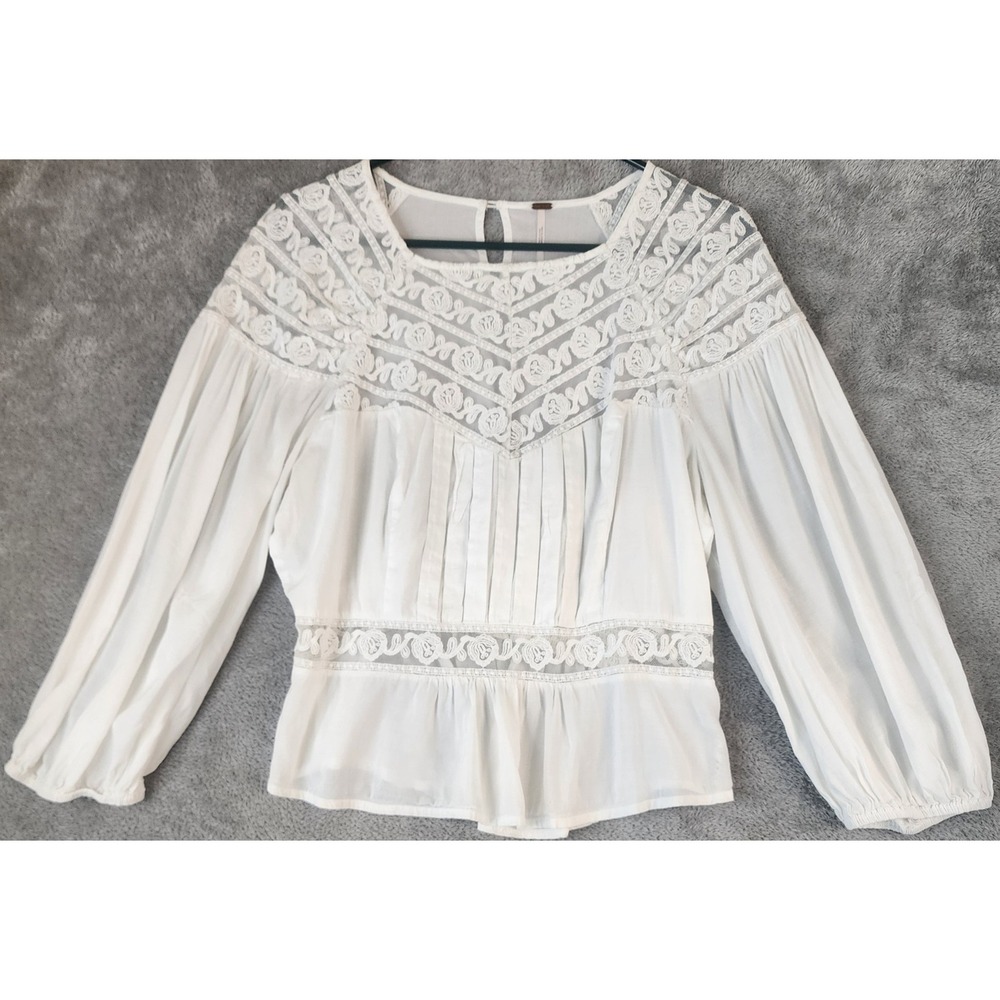 Free People Shirt Womens Large White Lace Embroidered Peplum Balloon Sleeve Top